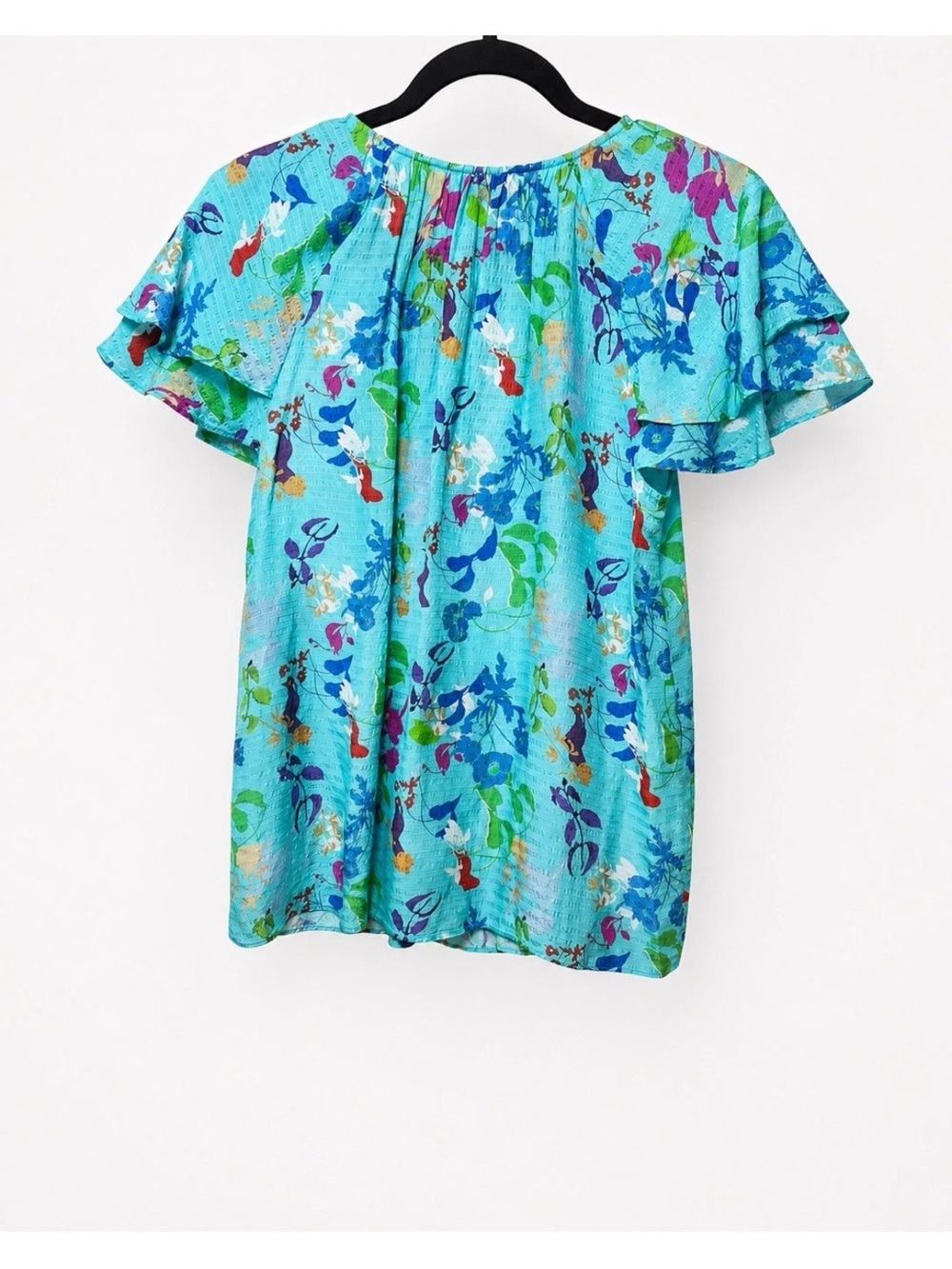 Tanya Taylor Blue Floral Silk Blend Ruffle Short Sleeve Blouse Top Size S - Picture 3 of 5